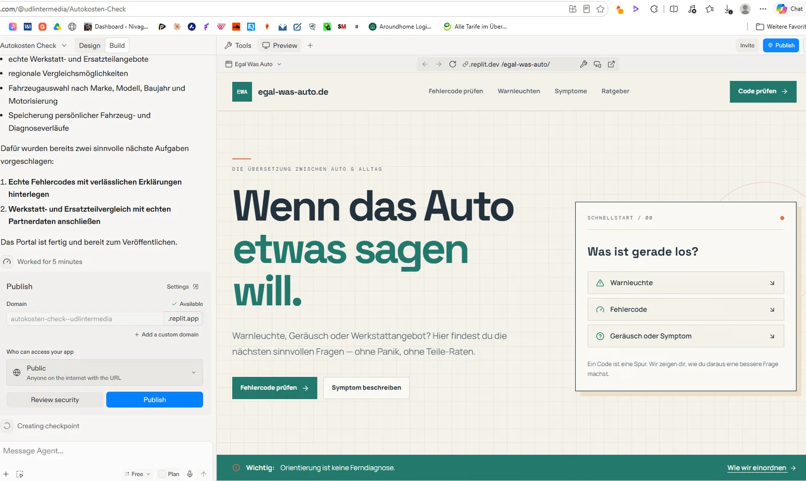 Replit Praxistest mit einem von KI erzeugten Webseiten-Rohbau für ein Autoportal